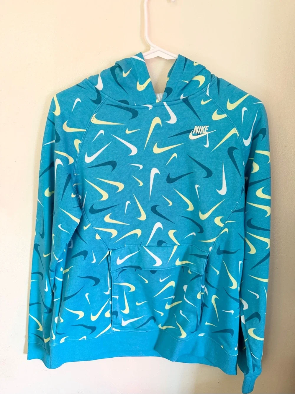 Nike Turquoise Teal Hoodie with White & Yellow Swoosh Pattern